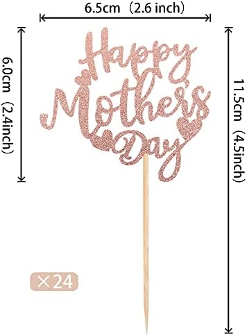 24 PCS Happy Mother's Day Cupcake Toppers with Glitter Heart Love Mother Best Mom Cupcake Picks for Happy Mother's Day Theme Women Birthday Party Cake Decorations Supplies Rose Gold