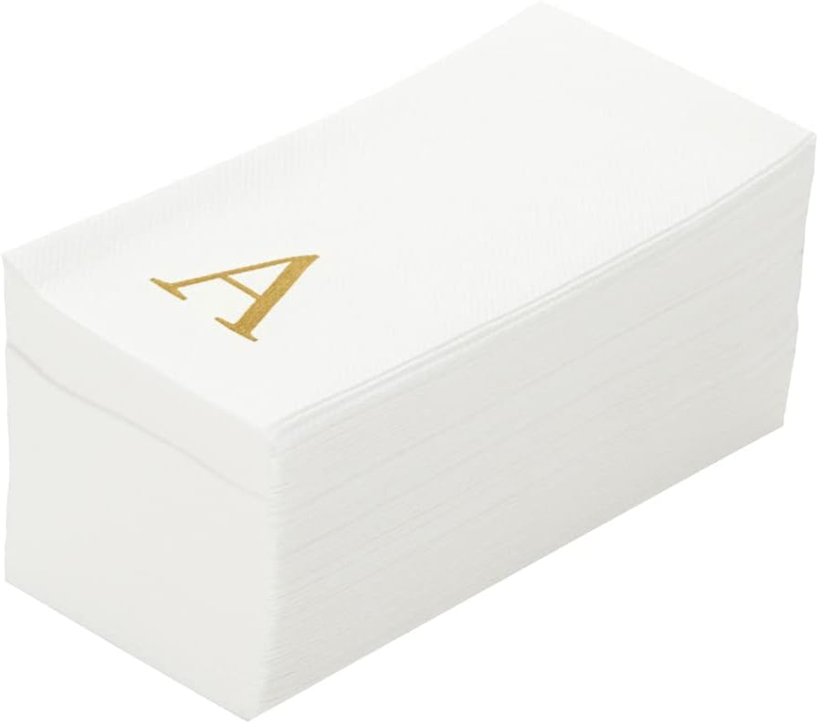 Luxenap 15.8 X 7.9 Inch Linen-Feel Guest Towels, 50 Lettered Hand Towels - Gold Letter 'A', Sans Serif Font, White Paper Dinner Napkins, airlaid, For Restrooms And Tables - Restaurantware