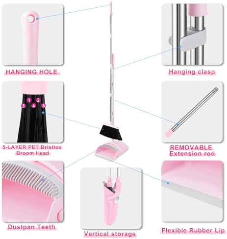 BSKLIN Broom and Dustpan Set, 52” Long Adjustable Handle Broom with Dustpan Combo Set with Dust Pan Teeth to Clean Hair for Home Lobby Office (Pink)