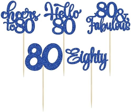 30pcs Happy 80th Birthday Cupcake Toppers - Eighty Cheers to 80 Years Old - Blue Glitter