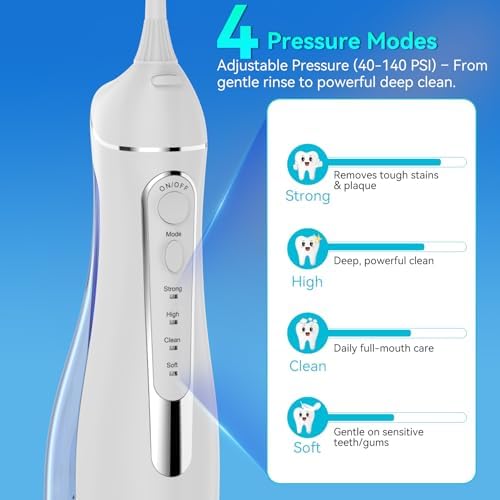Portable IPX7 Rechargeable Water Flosser for Teeth Pick, 4 Modes 5 Jet Tips Oral Irrigator, 300ml Tank - for Braces, Sensitive Gums, Home & Travel