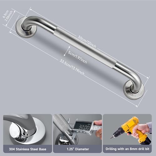 12 Inch Shower Grab Bar 1.25" Dia,Brushed Nickel Anti Slip Bathroom Grab Bar, 304 Stainless Steel Knurled Handicap Grab Bars, Safety Support Handrail,Bath Shower Handle for Elderly Injury Senior