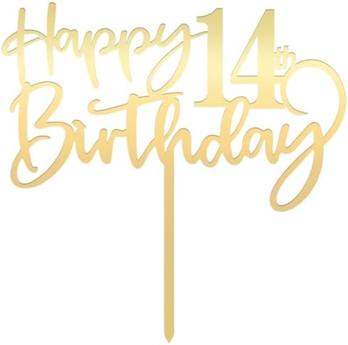 Happy 14 th birthday cake Topper,Mirrored Gold Acrylic Durable Cake Topper,14th Birthday Party Cake Decorations, Hello 14th years old, Happy fourteen years old, Birthday Party Decorations