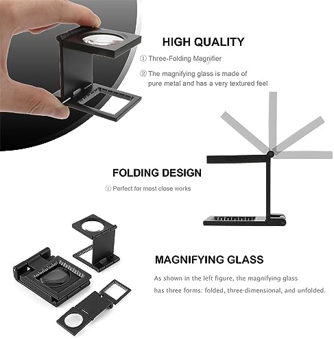 Rongon Pocket Magnifying Glasses Three-Folding Magnifier 10X 28MM Zinc Alloy Small Loupe Mini Magnifying Glass with Scale for Jewelry Sewing Textile Optical Thread Collection Repair