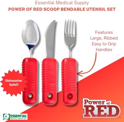 Essential Medical Supply Power of Red Adaptive Utensil Set - Bendable Fork, Spoon, and Rocker Knife with Large Soft Handles for Arthritis, Orthopedic Recover and Elderly Individuals