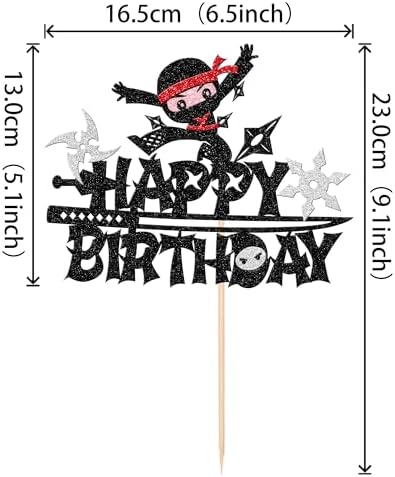 Ninja Happy Birthday Cake Topper - Black Glitter Martial Arts Karate Kung Fu Warriors Cake Pick for Theme Baby Shower Kids Birthday Party Decorations Supplies (1 PCS)