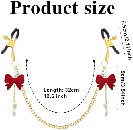 Red Bow Body Clamp with Chain - Adjustable Nipple Clips for Women Play Body Clamp Sensory Non-Piercing Metal Body Clips with Gold Chain Bedtime Play Couples Gift