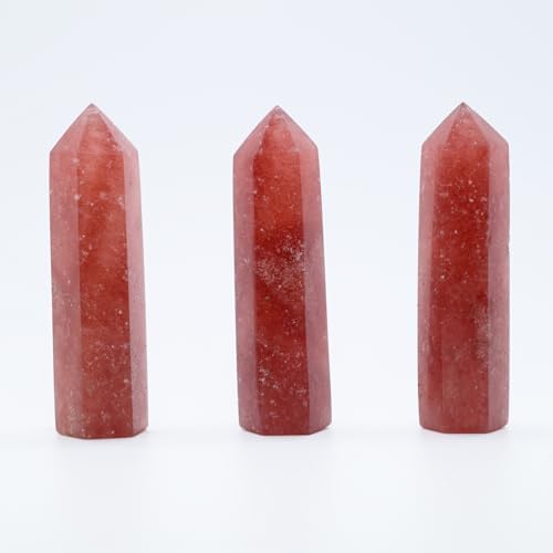 Angelstones Natural Strawberry Quartz Gemstone Healing Crystal Hexagonal Pointed Reiki Chakra Faceted Prism Wand Carved Stone Figurine Home Decor