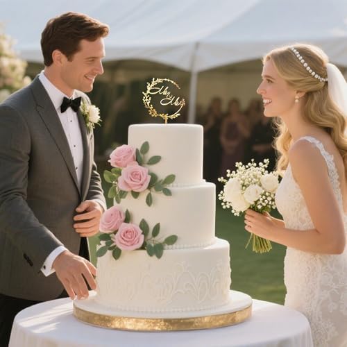 Gold Round "Mr & Mrs" Cake Topper, Wreath & Acrylic Cake Decoration, Elegant Wedding Party Decor