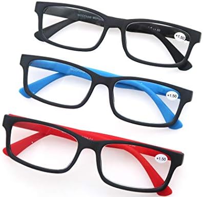 MODFANS Reading Glasses Men Women 3.0 Strength Readers Eyeglasses Square Matte Comfort Feel Spring Hinge 3 Pack Mix Color Black Red Blue