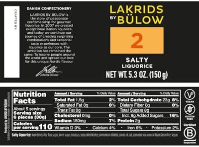 LAKRIDS BY BÜLOW - 2 - Black Licorice - Salty - 5.3 oz - Vegan Salmiak Licorice from Scandinavia - Gluten Free & Gelatine Free - Swedish Candy Alternative