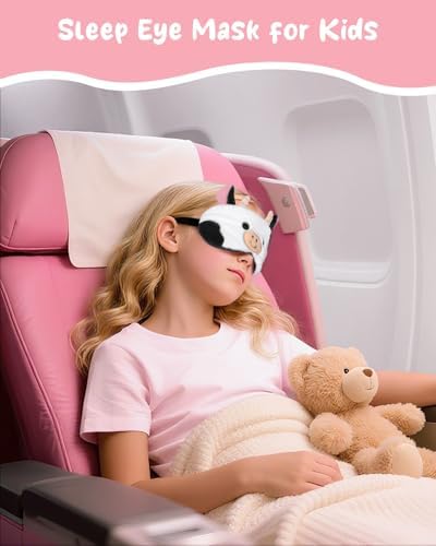 Miss Adola Sleep Mask for Kids - Valentines Gift for Kids Cute Plush Fuffy Sleeping Eye Cover Kawaii Soft Eyeshade Animal Eye Blindfold for Girls Boys Teens with Adjustable Strap, Cow