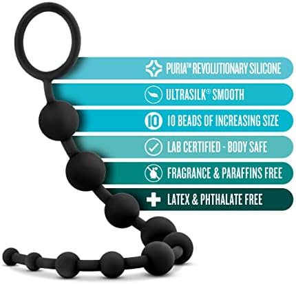 Blush Anal Adventures 12.5" Beginner's Soft Anal Beads - 10 Graduated Silicone Anal Beads w/O-Ring Pull Loop - Anal Training Beads for Adult Sex Toys Men Women & Couples Bum Plugs - Black