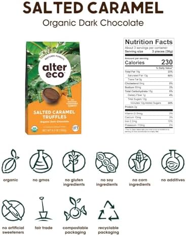 Alter Eco | Salted Caramel Truffles | 58% Pure Dark Cocoa, Fair Trade, Organic, Non-GMO, Gluten-Free Dark Chocolate Truffles | 20 Truffles