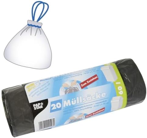 PAPSTAR 20 x 60 Litre Grey Bin Liners - LDPE (Thickness 22my) with Drawstring - 75 x 65 x 75 cm - for Swing Top Bins, Pedal Bins and Similar Containers #14196