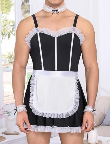 ABAFIP Men's Sissy Clothes Maid Lingerie Crossdresser Outfits Ruffle Dress Mini Apron set