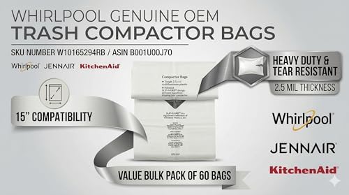 Whirlpool W10165294RB Genuine OEM Trash Compactor Bags (60-Pack) – Heavy-Duty 15-Inch Replacement Bags – Fits KitchenAid, Maytag, JennAir, & Kenmore – 3 Mil Thick, Slip-N-Grip Leak-Proof Design