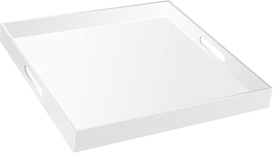 18Ã18 Inch Golssy White Acrylic Serving Tray with Handles Extra Large Ottoman Tray Decorative Tray Spill-Proof Coffee Table Space Saver Oversize Counter top Organizer Platter with Safe Edge