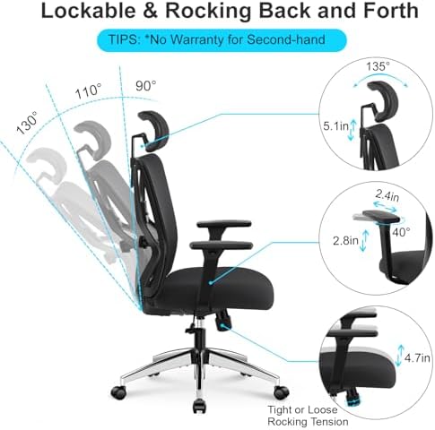 Ticova Ergonomic Office Chair - High Back Desk Chair with Adjustable Lumbar Support, Headrest & 3D Armrest - 130°Rocking Mesh Computer Chair