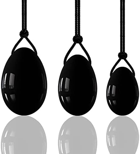 3pcs Natural Obsidian Stone Egg,Drilled Jade Egg Massage Stone for Women Body Exercise Train Crystal Massage Balls Relax