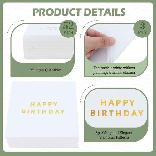 Vuzvuv 52 Pack Gold Foil Happy Birthday Cocktail Napkins - Birthday Party Dinner Hand Napkin for Party Supplies Decorations Table Decor for women man(5" Folded 3 Ply-Gold White)