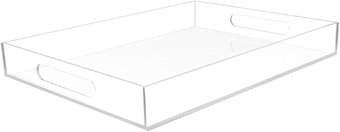 Clear Acrylic Serving Tray for Vanity, Bathroom, Outdoor, Food and DÃ©cor with Handles (Rectangle, Small)