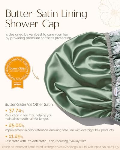 Yanibest Shower Cap for Women - Frizz Free Satin Lined Shower Cap Waterproof Large Double Layer Reusable with Soft Elastic Band for Braids Long Hair