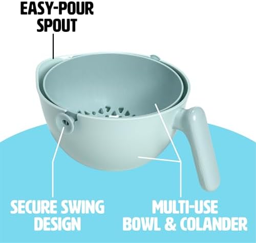 Tasty 2-in-1 Swing Bowl Colander, Built-In Strainer Basket with Handle, Kitchen Hack for Rinsing and Draining for Fruits, Vegetables, and Pasta, 2.1-Quart Bowl + 1.9-Quart Strainer, Aqua