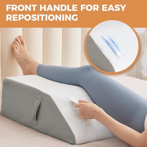 BIEEZZK Leg Pillow Elevation Blood Circulation, Leg Elevating Pillows for After Surgery, Sleeping, Memory Foam Wedge Pillow for Legs Swelling, Foot Knee Pillow for Back Pain, 23.6×16.8×8in, White/Grey