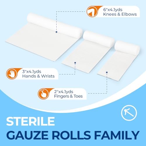 Sterile Gauze Rolls, 6in x 4.1 Yards, Conforming Stretch Gauze Bandage, Pack of 6, Firm Support for Dressings and Splints, Latex-Free First Aid Supplies Individually Wrapped with Bonus Tape