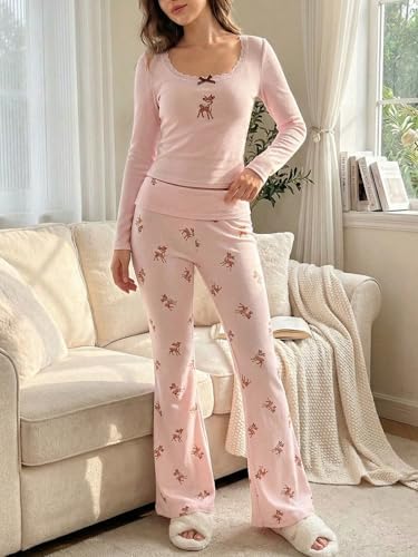 Women's Deer Embroidered Two-Piece Set - Lace Trim Long Sleeve Top & Flare Pants Outfit