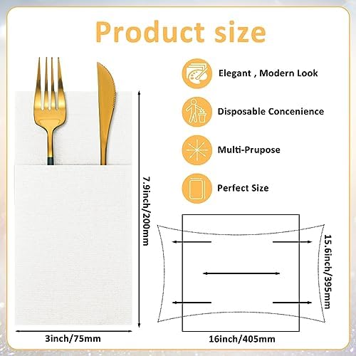 Cindeer 150 Pcs White Linen Dinner Feel Napkins with Built in Flatware Pocket Prefolded Paper Disposable Airlaid Guest Hand Towel for Silverware Wedding Reception Christmas Baby Shower