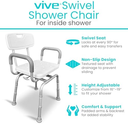 Vive Swivel Shower Chair for Inside Shower - Seat for Elderly, Disabled, Adults, Seniors - 360° Rotating, Narrow & Height Adjustable - Tub Bench Stool for Bathroom Mobility with Removable Back & Arms