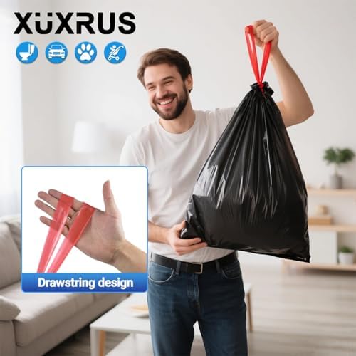 XUXRUS Small Black Bathroom Trash Bags 4 Gallon Drawstring Garbage Bags Unscented, Strong & Durable, Easy-Dispense, 60 Count Heavy Duty Garbage Bags for Bathroom Trash Can