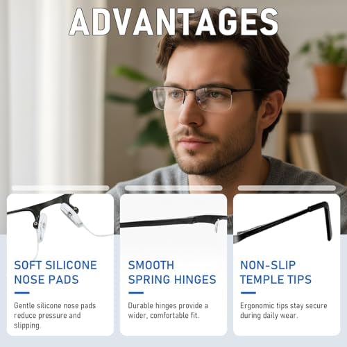 2 Pack Reading Glasses for Men, Lightweight Metal Half Frame Blue Light Blocking Computer Eyeglasses,Spring Hinges Anti Eyestrain/Glare/UV Readers(Black 2.25)