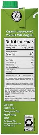 Pacific Foods Organic Unsweetened Coconut Milk, Plant Based Milk, 32 oz Carton