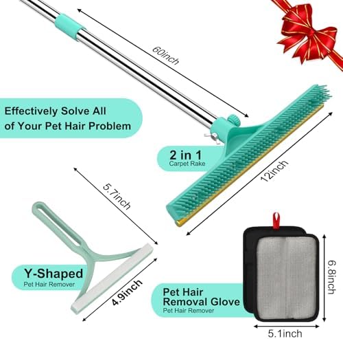 Carpet Rake for Pet Hair Removal - 60" Adjustable Long Handle Carpet Rake, 3 in 1 Reusable Pet Hair Removal Tool Kit, Cat Dog Fur Rakes Scraper Carpet Broom for Carpets, Rugs, Mats