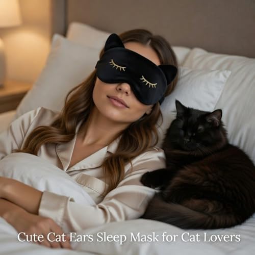 Cute Cat Ear Sleep Mask - Ultra Soft Light Blocking Eye Mask with Adjustable Strap - Fun Cat Lover Gift for Women & Moms - Travel & Bedtime Accessory - Birthday or Christmas Stocking Stuffer