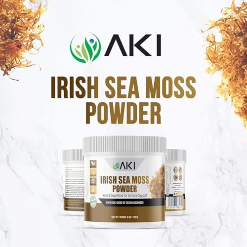 AKI Irish Sea Moss Powder - Rich in 92 Essential Minerals & Vitamins, Including Iodine, Potassium & Magnesium - Ideal for Smoothies & Juices - 100% Vegan, Non-GMO & Supports Wellness (6Oz/170g)