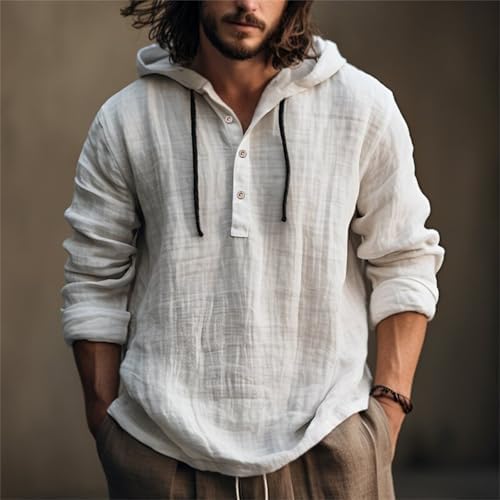 Linen Hoodie Shirts for Men Lightweight Button Long Sleeve Hooded Shirts Loose Fit Boho Linen Beach Shirt Summer Tops