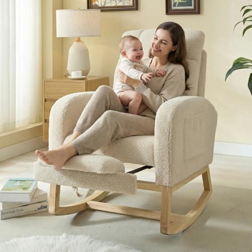 NIOIIKIT Modern Nursery Rocking Chair, Teddy Upholstered Rocking Chair with Footrest, Comfortable Rocker Recliner with Side Pocket, Rocker Glider for Living Room, Bedroom, Nursing Room (Apricot)