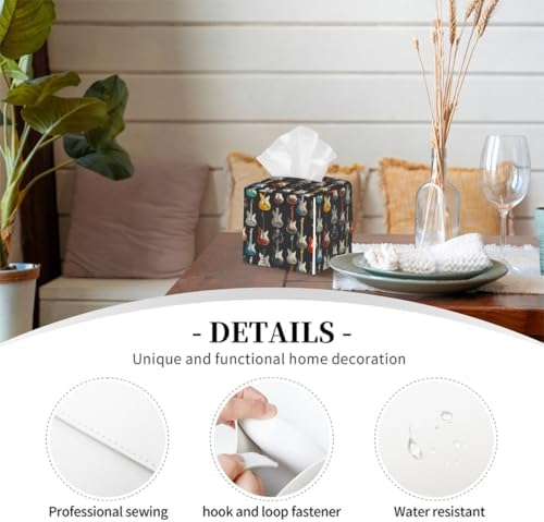 Retro Music Guitar Print Tissue Box Cover Leather Tissue Box Case Holder Decorative Facial Paper Organizer for Car Bathroom Tabletop