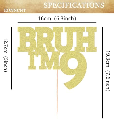 Bruh I'm 9 Cake Topper - Gold Glitter Funny 9th Birthday Cake Decorations for Boys, Bro I'm 9/ Cheers to 9 Years Cake Decor for Brother Birthday Party Supplies Photo Booth Prop
