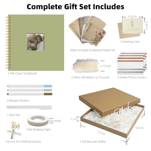 Vienrose 10 x 10 Inch Scrapbook Album Gift Set, Linen Hardcover Photo Book with 40 White Pages, DIY Memory Book Kit with Accessories for Wedding, Baby Shower, Travel, Christmas (LightGreen, 20 Sheets)