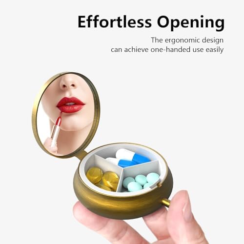 Small Pill Case Pill Box with Mirror Retro 3 Compartment Pill Holder for Purse or Pocket Bronze Portable Medicine Vitamin Container Fish Oil and Supplement Storage BPA-Free(Rose)