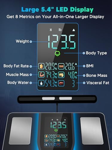 Smart Scale for Body Weight, 8-Electrode Bluetooth Bathroom Scale with BMI Body Fat Muscle Mass, 50+ Full Body Composition Metrics, High Accurate Scales with 5.4" Large LED Display Black
