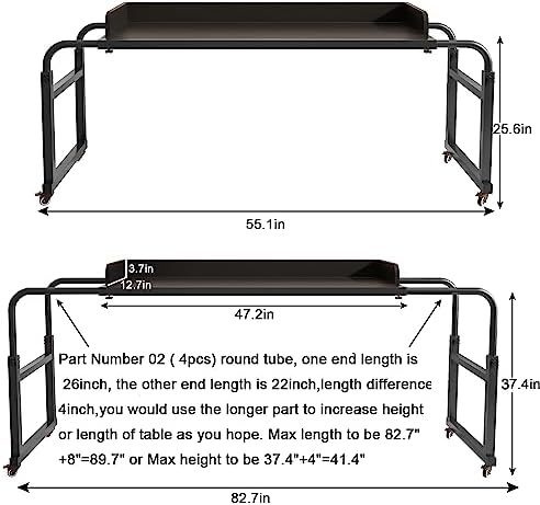 TigerDad Overbed Table with Wheels Overbed Desk Over Bed Desk King Queen Bed Table Overbed Laptop Table Over Bed Table with Wheels(Black)