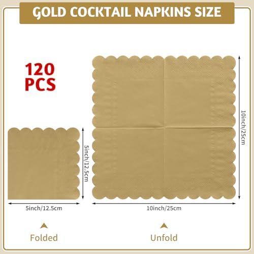NatNarr 120 Pcs Cocktail Napkins Gold Grad Napkins Disposable Scalloped Dessert Beverage Party Napkin for 2026 Graduation, Wedding, Birthday, Celebrate, 5 x 5 Inch
