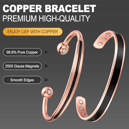 BioMag 2Pcs Copper Bracelets for Women Men, 99.9% Pure Copper Magnetic Bracelet Cuff Bangle with 8Pcs Magnets, Adjustable Jewelry Gifts