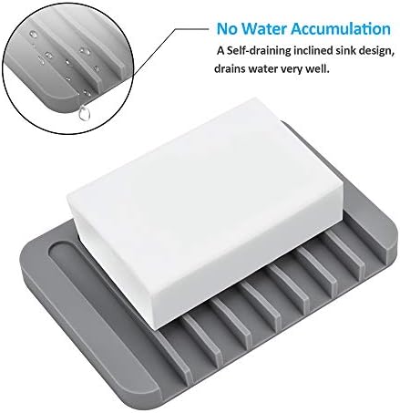 Silicone Soap Dishes for Shower, 3+1 PCS Upgrade Self-Draining Bar Soap Holder, Premium Sponge Holder for Sink, Kitchen, Bathroom, or Counter, Easy Clean, Can Extend Soap Life (White & Gray)